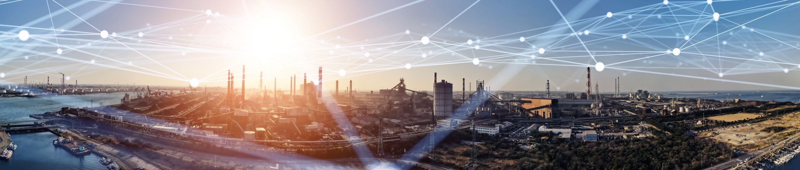 Modern factory and communication network concept. Telecommunication. IoT (Internet of Things). ICT (Information communication Technology). 5G. Smart factory. Digital transformation.